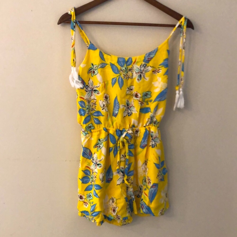 As U Wish Romper Vibrant Yellow & blue cottage core spaghetti straps tassel SZ S